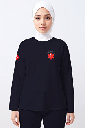 Lacivert Paramedik Bisiklet Yaka Uzun Kollu Tişört Unisex