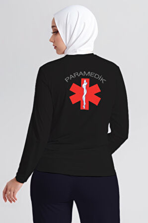 Siyah Paramedik Bisiklet Yaka Uzun Kollu Tişört Unisex