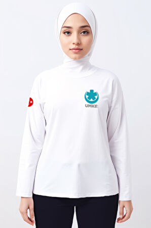 Beyaz UMKE Bisiklet Yaka Uzun Kollu Tişört Unisex
