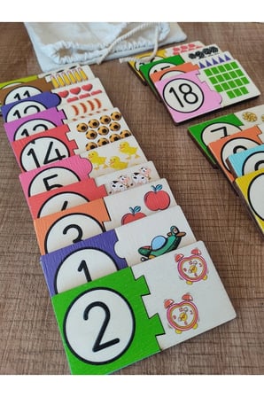 Montessori Renkli Sayı Ve Miktarları Eşleştirme Ahşap Puzzle 18 Rakam