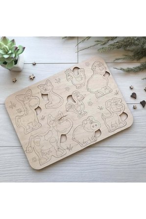 Montessori Boyanabilir 3'lü Puzzle Seti Hayvanlar Meyveler Ve Sebzeler Doğal Ahşap