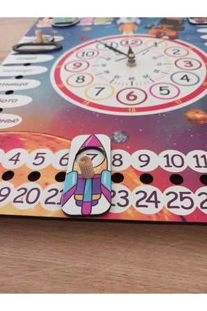 Rusça Mekanizmalı Uzay Temalı Montessori Duvar Takvimi Aylar , haftanın günleri ve mevsimler