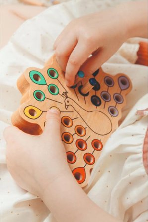 Montessori Ahşap Duyusal Eğitici Oyuncak Renkli Pim Takmalı Tavus Kuşu