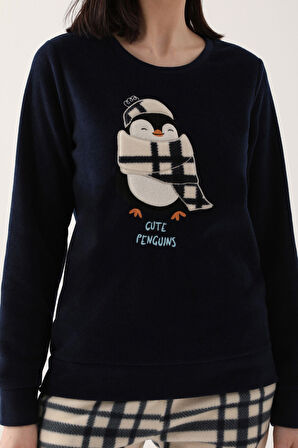 Arnetta Cute Penguins Lacivert Kadın Uzun Kol Pijama Takım