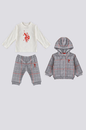 U.S. Polo Assn Gri Melanj Desenli Kapüşon Detay Bebek 3Lü Takım