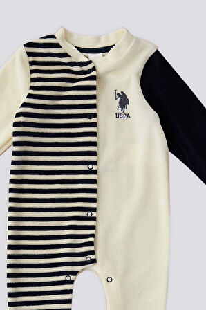 U.S. Polo Assn Ekru Şeritli Çıtçıt Detay  Bebek Tulum