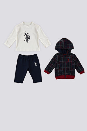 U.S. Polo Assn Lacivert Fermuarlı Ekose Üst Detay Erkek Bebek 3Lü Takım