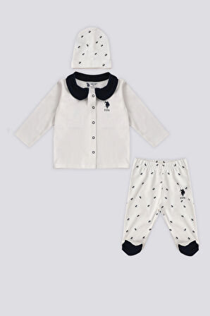 U.S. Polo Assn Krem Çıtçıtlı Gömlek Yaka Patikli Alt  Bebek 3Lü Takım