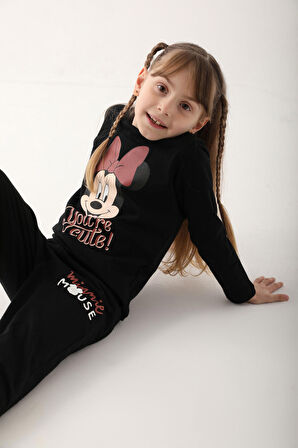 Minnie Mouse Siyah Kız Çocuk Uzun Kol Pijama Takım