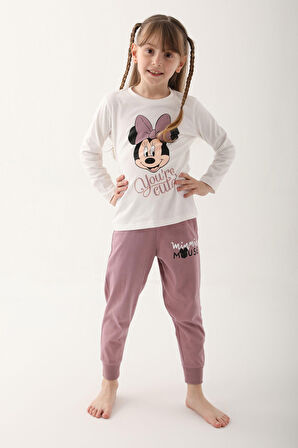 Minnie Mouse Krem Kız Çocuk Uzun Kol Pijama Takım