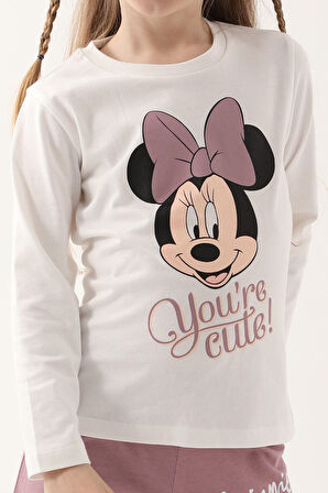 Minnie Mouse Krem Kız Çocuk Uzun Kol Pijama Takım