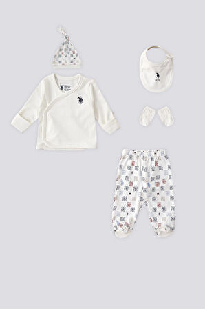 U.S. Polo Assn Krem Uspa Desen Bebek 5Li Hastane Çıkış Seti