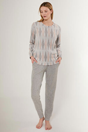 Pierre Cardin Equilateral Triangle Pattern Gri Kadın Uzun Kol Pijama Takım
