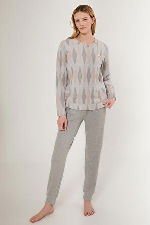 Pierre Cardin Equilateral Triangle Pattern Gri Kadın Uzun Kol Pijama Takım