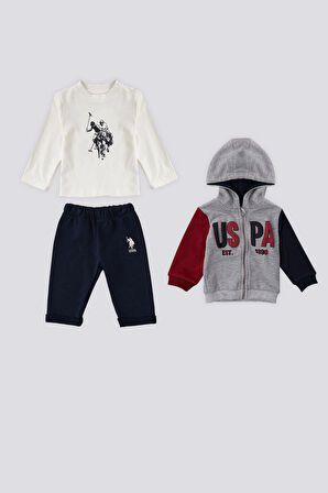 U.S. Polo Assn Gri Melanj Fermuarlı Kapüşonlu Erkek Bebek 3Lü Takım