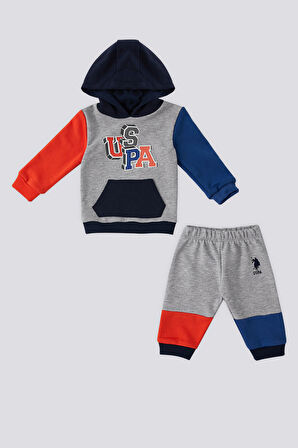 U.S. Polo Assn Gri Melanj Kanguru Cep Kapüşonlu Bebek 2 Li Takım