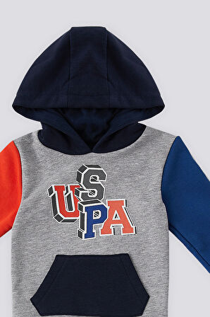 U.S. Polo Assn Gri Melanj Kanguru Cep Kapüşonlu Bebek 2 Li Takım