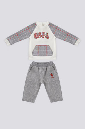 U.S. Polo Assn Krem Kanguru Cep Ekose Detay  Bebek 2Li Takım