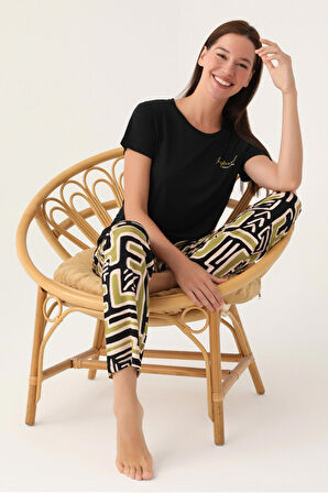 Pierre Cardin Pisel Siyah Kadın Kısa Kol Pijama Takımı