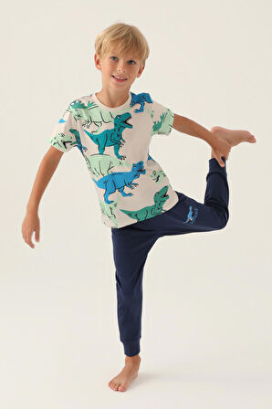 RolyPoly Dinosaur Bej Erkek Çocuk Pijama Takımı