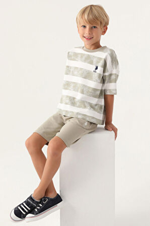 U.S. Polo Assn Lisanslı striped Açık Haki Erkek Çocuk Bermuda Takım