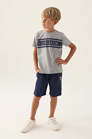 U.S. Polo Assn Lisanslı Rectangular Pattern Gri Melanj Erkek Çocuk Bermuda Takım