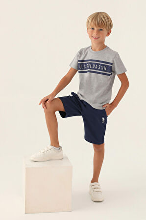 U.S. Polo Assn Lisanslı Rectangular Pattern Gri Melanj Erkek Çocuk Bermuda Takım
