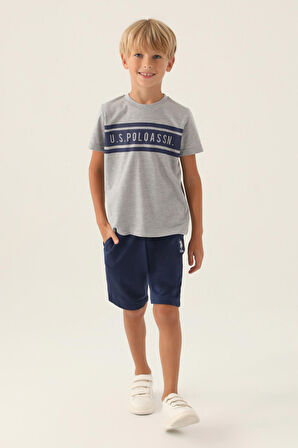 U.S. Polo Assn Lisanslı Rectangular Pattern Gri Melanj Erkek Çocuk Bermuda Takım
