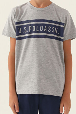 U.S. Polo Assn Lisanslı Rectangular Pattern Gri Melanj Erkek Çocuk Bermuda Takım