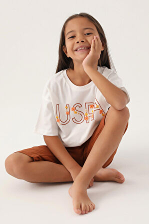 U.S. Polo Assn Lisanslı Flower Printed Krem Kız Çocuk Kapri Takım