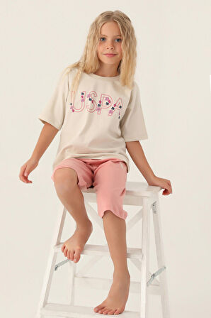 U.S. Polo Assn Lisanslı Flower Printed Bej Kız Çocuk Kapri Takım
