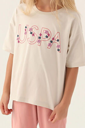 U.S. Polo Assn Lisanslı Flower Printed Bej Kız Çocuk Kapri Takım