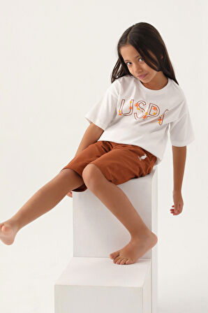 Lisanslı Flower Printed Krem Kız Çocuk Kapri Takım