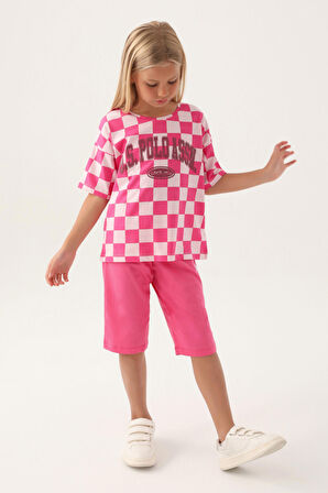 U.S. Polo Assn Lisanslı Plaid Toz Pembe Kız Çocuk Kapri Takım