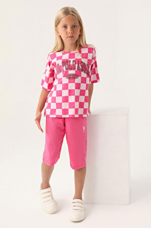 U.S. Polo Assn Lisanslı Plaid Toz Pembe Kız Çocuk Kapri Takım