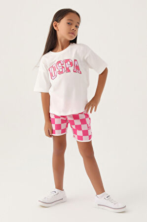 U.S. Polo Assn Lisanslı Plaid Krem Kız Çocuk Şort Takım