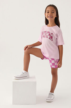 U.S. Polo Assn Lisanslı Plaid Mor Kız Çocuk Şort Takım