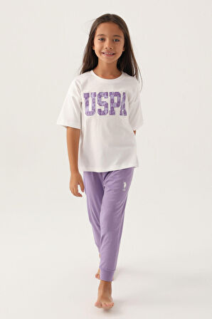 U.S. Polo Assn Lisanslı Floral Text Krem Kız Çocuk Pijama Takımı