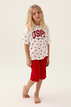 U.S. Polo Assn Lisanslı Heart Pattern Kırmızı Kız Çocuk Kapri Takım