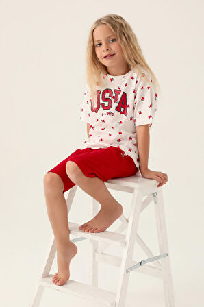 U.S. Polo Assn Lisanslı Heart Pattern Kırmızı Kız Çocuk Kapri Takım