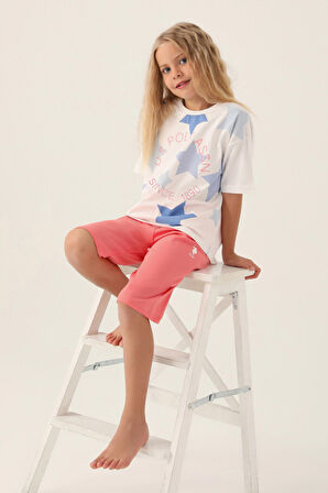 U.S. Polo Assn Lisanslı Star Printed Krem Kız Çocuk Kapri Takım