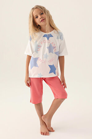 U.S. Polo Assn Lisanslı Star Printed Krem Kız Çocuk Kapri Takım