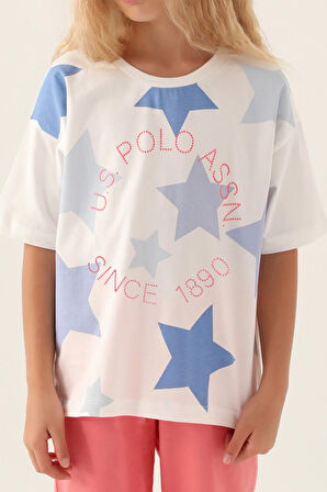 U.S. Polo Assn Lisanslı Star Printed Krem Kız Çocuk Kapri Takım
