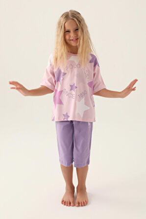 U.S. Polo Assn Lisanslı Star Printed Toz Pembe Kız Çocuk Kapri Takım