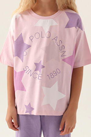 Lisanslı Star Printed Toz Pembe Kız Çocuk Kapri Takım