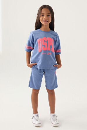 U.S. Polo Assn Lisanslı Sleeve Detail Açık İndigo Kız Çocuk Bermuda Takım