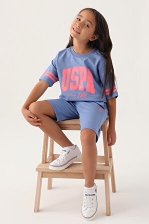 U.S. Polo Assn Lisanslı Sleeve Detail Açık İndigo Kız Çocuk Bermuda Takım