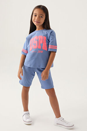 U.S. Polo Assn Lisanslı Sleeve Detail Açık İndigo Kız Çocuk Bermuda Takım