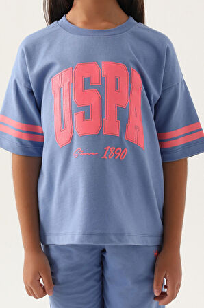 U.S. Polo Assn Lisanslı Sleeve Detail Açık İndigo Kız Çocuk Bermuda Takım