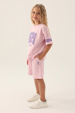 U.S. Polo Assn Lisanslı Sleeve Detail Toz Pembe Kız Çocuk Bermuda Takım